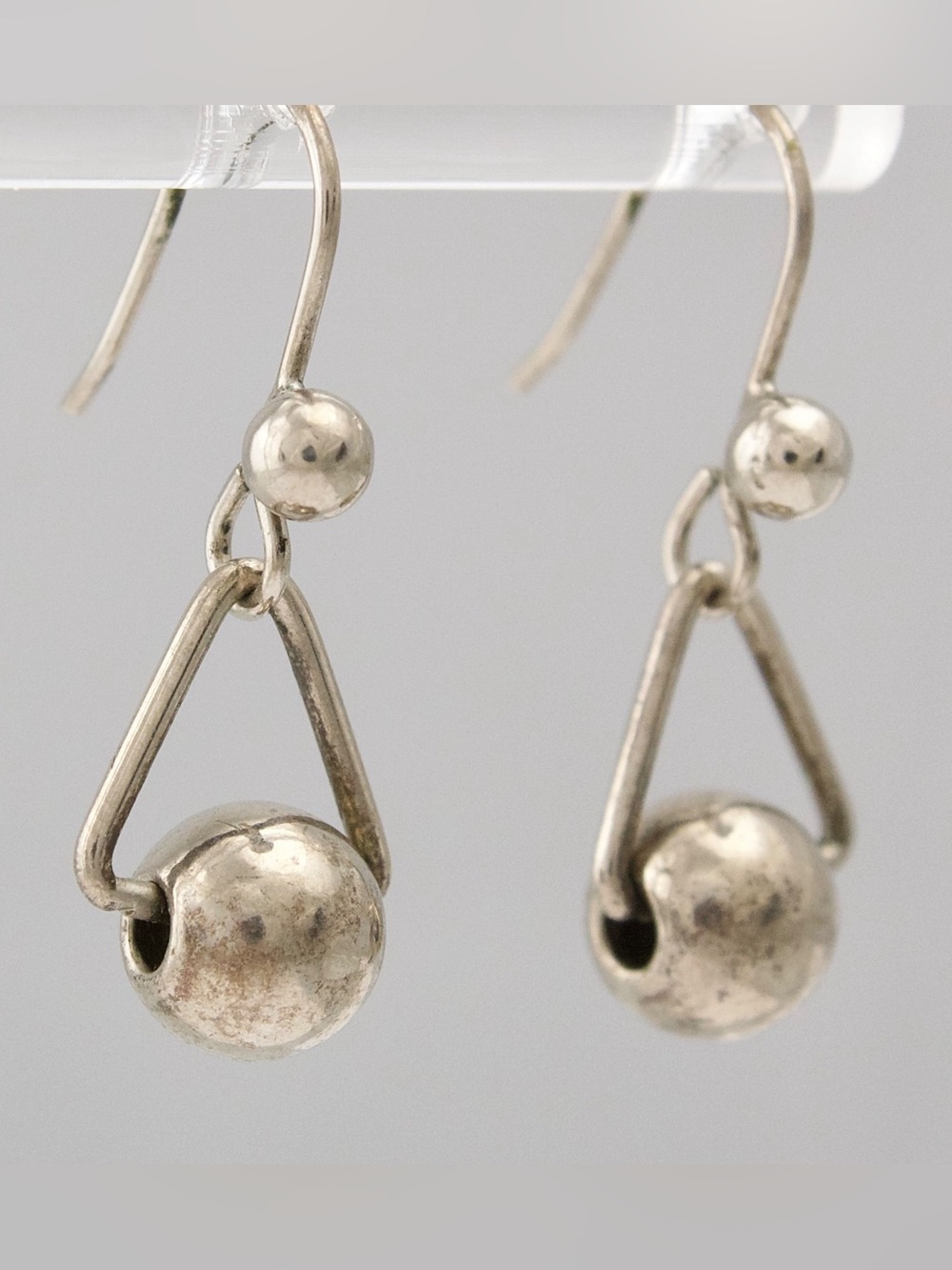 Vintage Modernist Silver Tone Dangle Earrings Geometric Triangle with Ball Bead